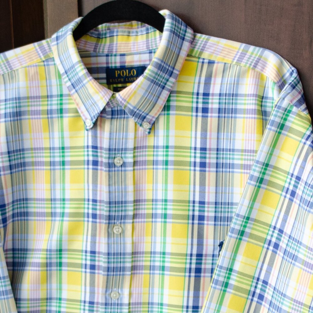 Polo Ralph Lauren Performance Shirt 2XB Yellow Multicolor Plaid Button-Down